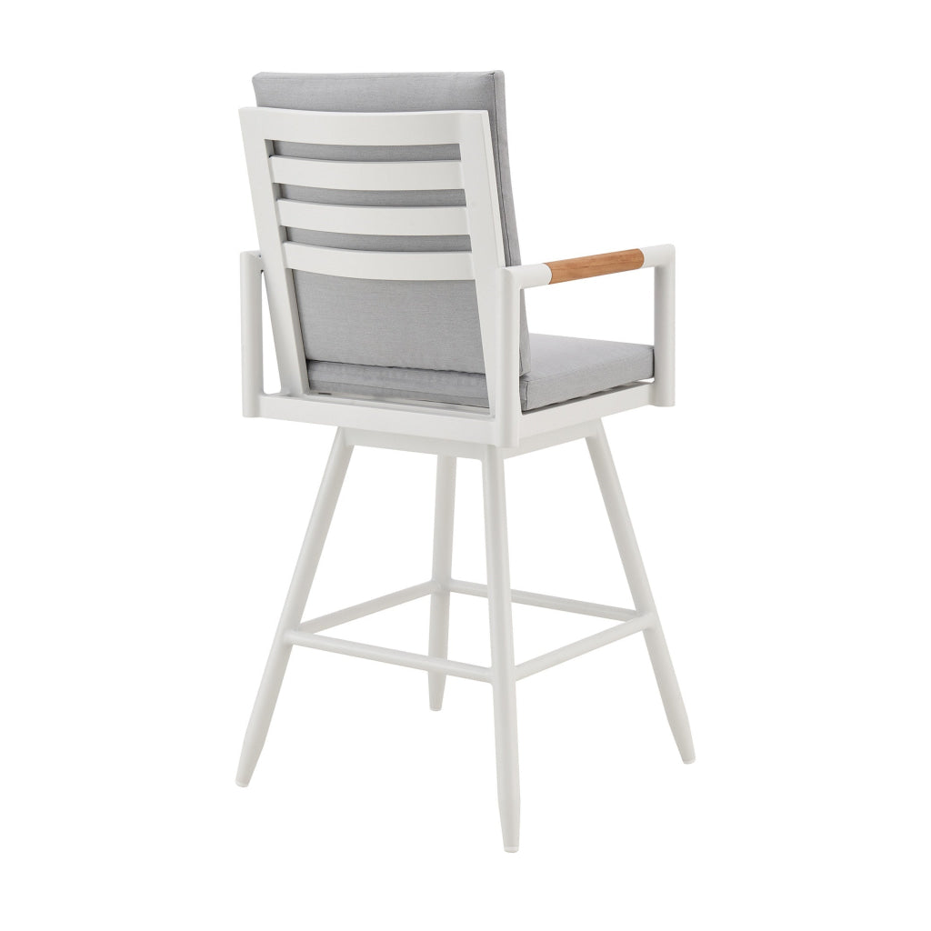 Razi 26 Inch Outdoor Swivel Counter Stool Chair White Metal Gray Cushions By Casagear Home BM315739