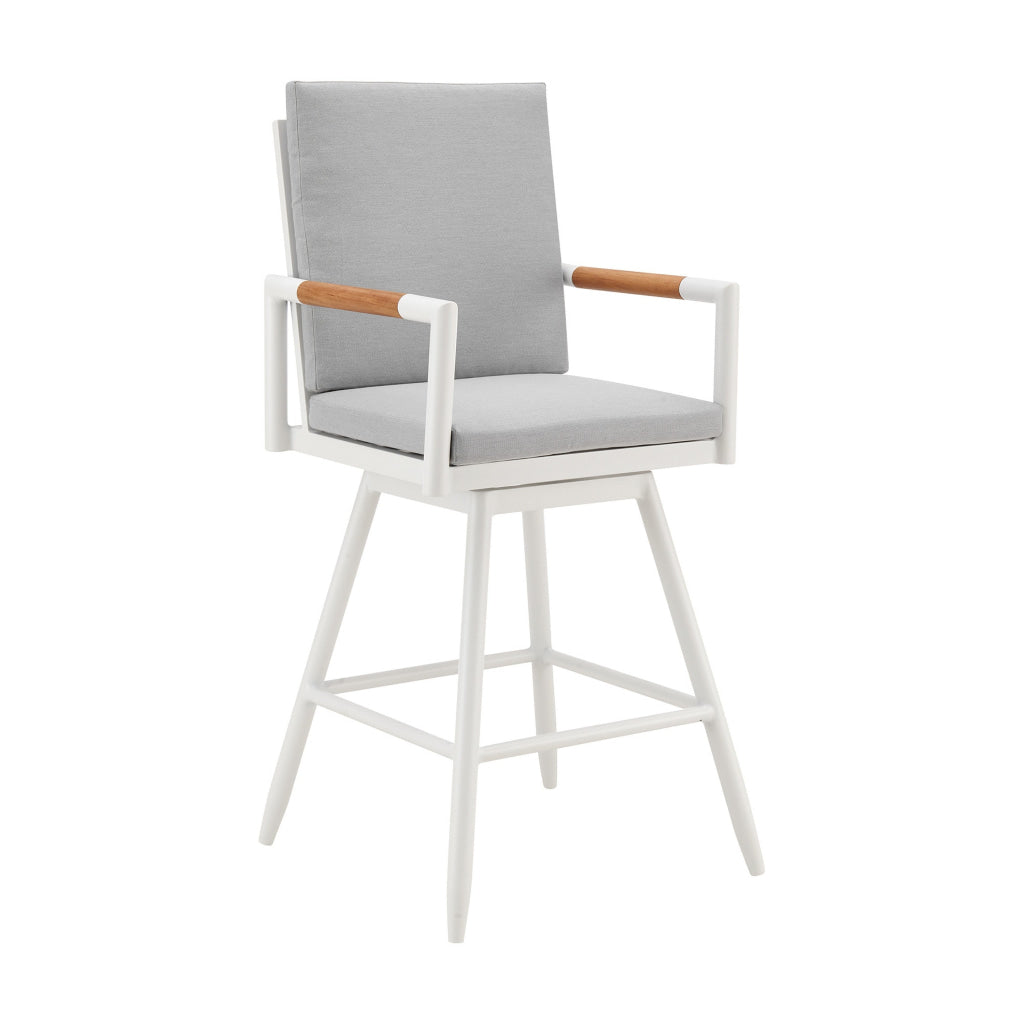 Razi 26 Inch Outdoor Swivel Counter Stool Chair White Metal Gray Cushions By Casagear Home BM315739