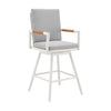 Razi 30 Inch Outdoor Swivel Barstool Chair White Aluminum Gray Cushions By Casagear Home BM315740