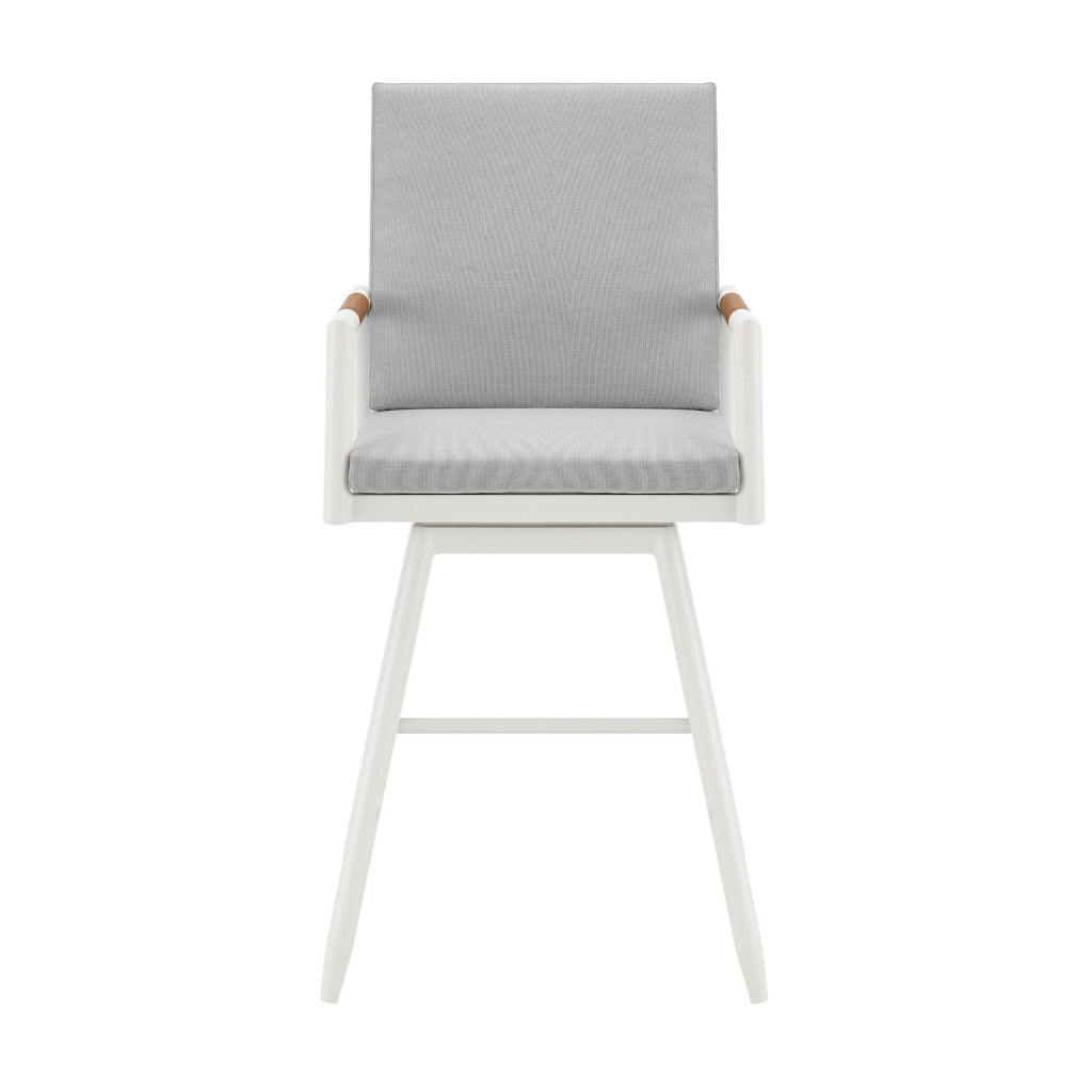 Razi 30 Inch Outdoor Swivel Barstool Chair White Aluminum Gray Cushions By Casagear Home BM315740