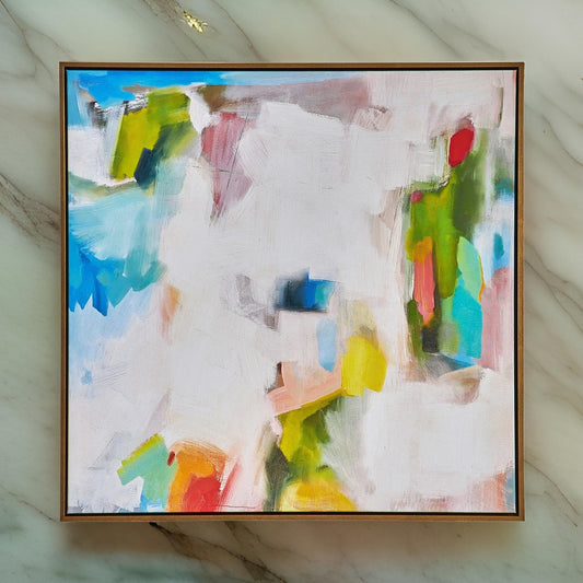 37 x 37 Handcrafted Wall Art, Isles Dream on Framed Canvas, Gold White Blue By Casagear Home