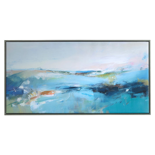 25 x 49 Handcrafted Wall Art, Waves on Framed Canvas, Silver Blue Green By Casagear Home