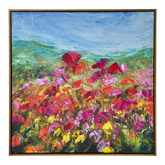 37 x 37 Handcrafted Wall Art Poppies Hillside on Framed Canvas, Gold Red By Casagear Home