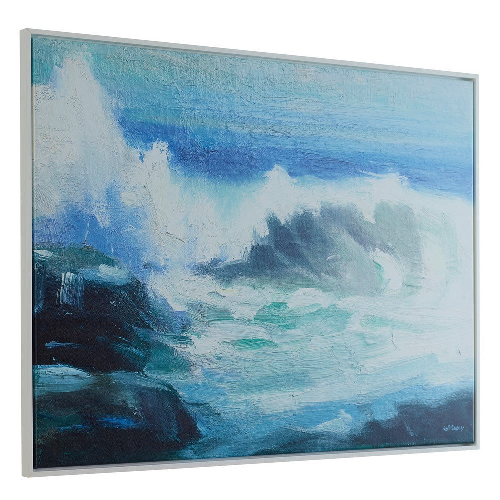 31 x 41 Handcrafted Wall Art Crashing Waves on Framed Canvas White Blue By Casagear Home BM315756