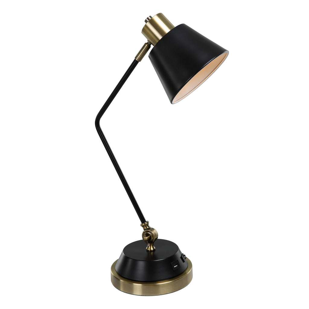 23 Inch Desk Lamp Adjustable Arm USB Port Antique Brass and Black Metal By Casagear Home BM315759