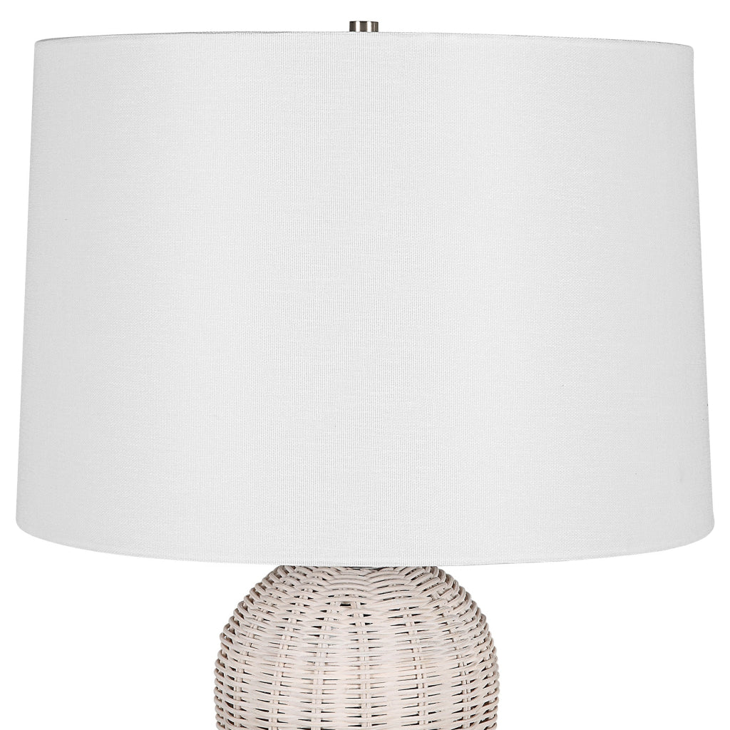 25 Inch Table Lamp Rattan Woven White Linen Shade Brushed Silver Accents By Casagear Home BM315760