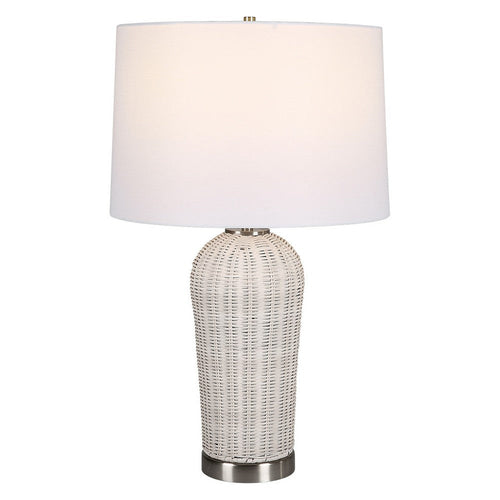 25 Inch Table Lamp, Rattan Woven, White Linen Shade, Brushed Silver Accents By Casagear Home