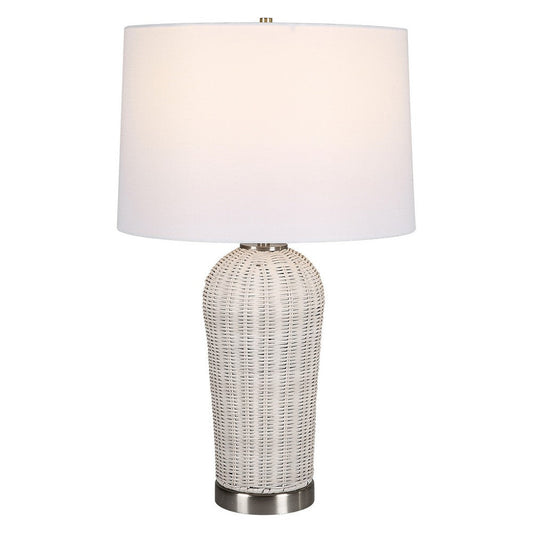25 Inch Table Lamp, Rattan Woven, White Linen Shade, Brushed Silver Accents By Casagear Home