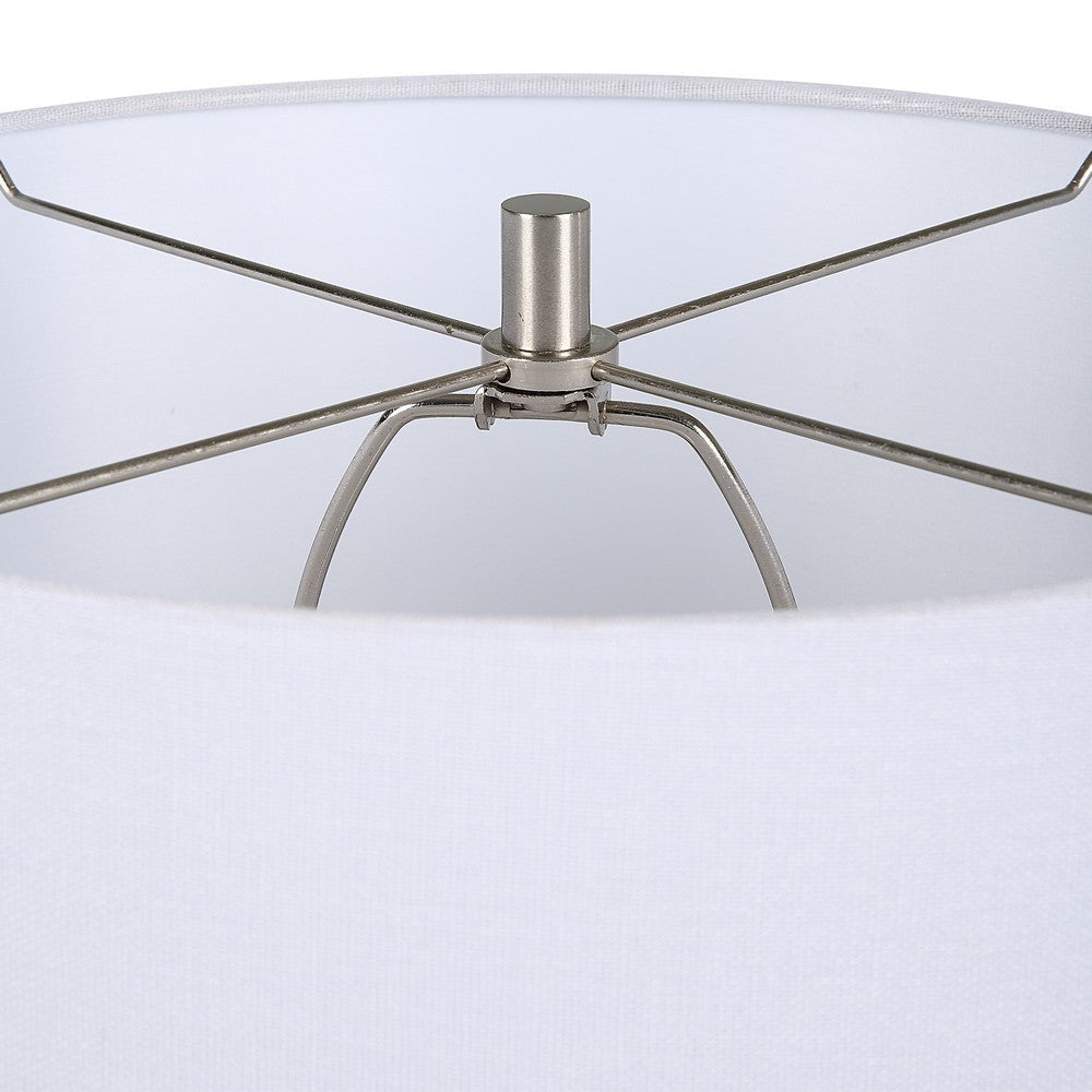 25 Inch Table Lamp Rattan Woven White Linen Shade Brushed Silver Accents By Casagear Home BM315760