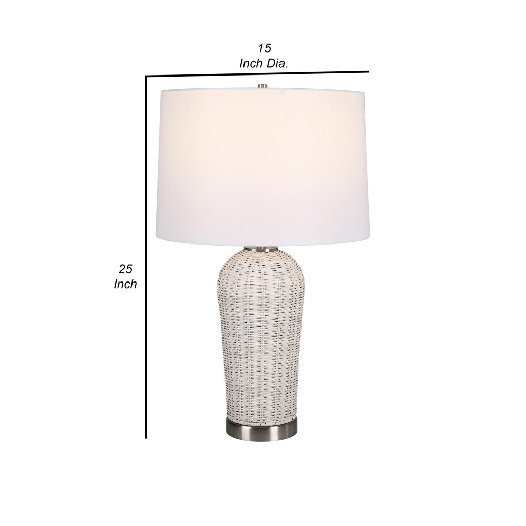 25 Inch Table Lamp Rattan Woven White Linen Shade Brushed Silver Accents By Casagear Home BM315760