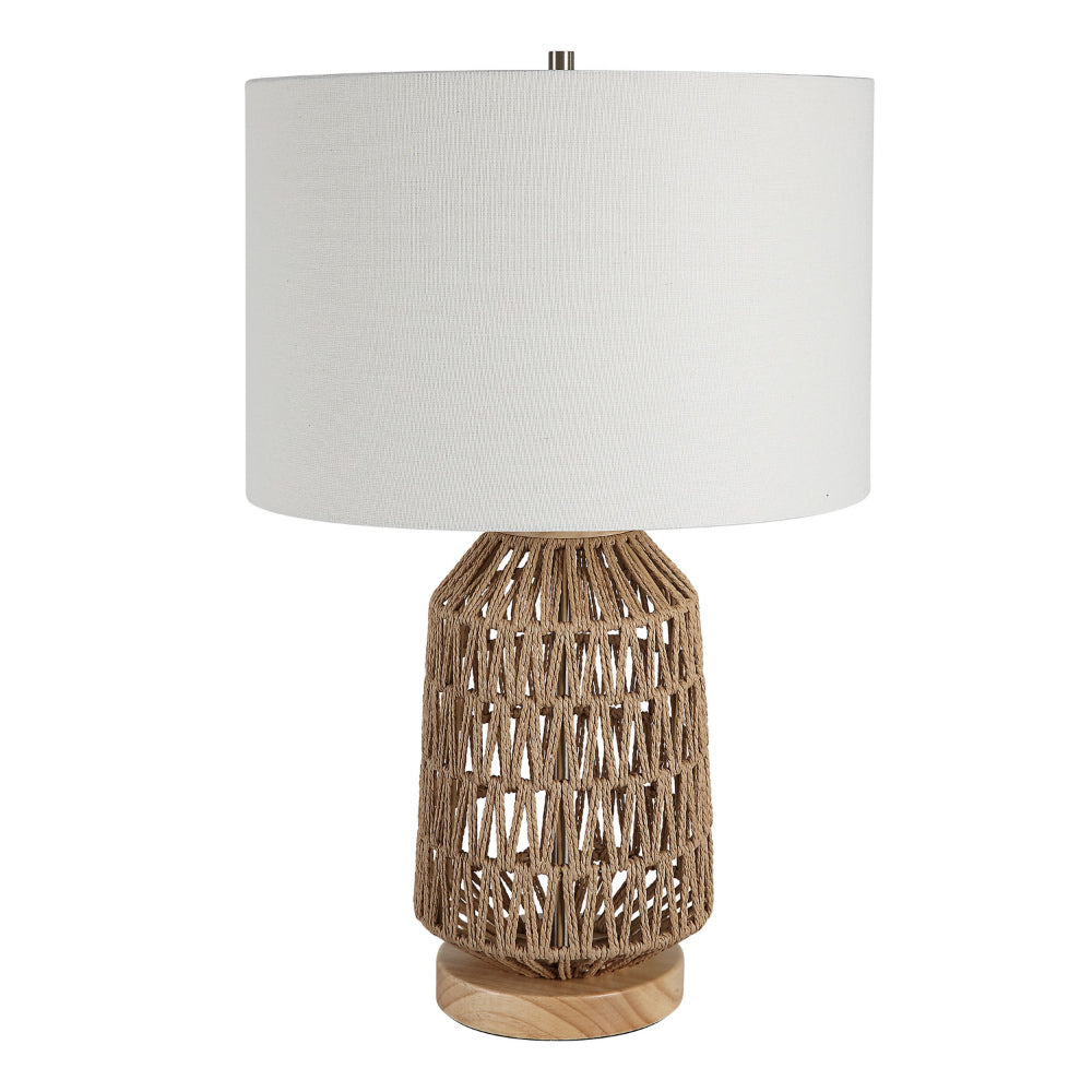 24 Inch Table Lamp, Brown Woven Rope, Linen Shade, Wood Base, Off White By Casagear Home