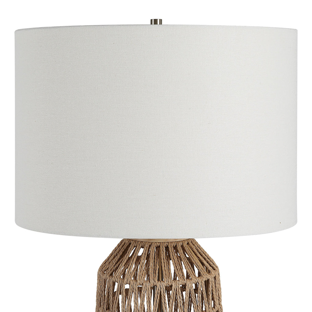 24 Inch Table Lamp Brown Woven Rope Linen Shade Wood Base Off White By Casagear Home BM315761