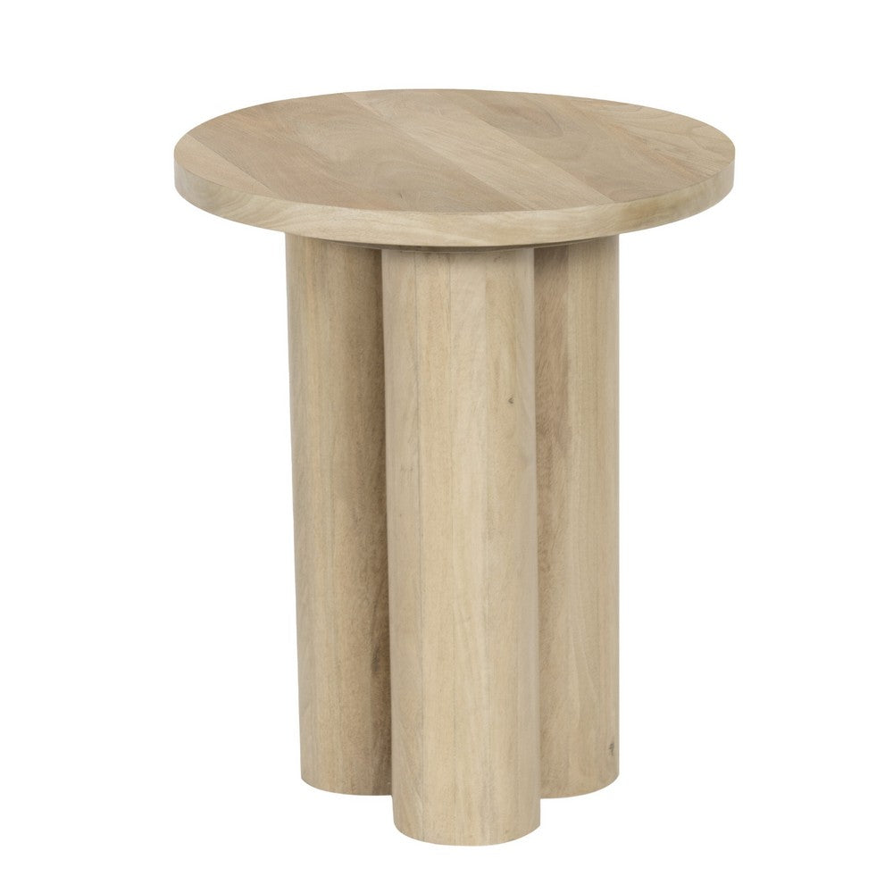 Hazel 18 Inch Round Side Table with 3 Pillar Legs | Handcrafted Mango Wood | Organic Natural Brown