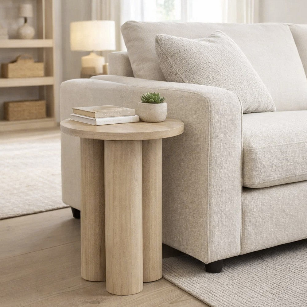 Hazel 18 Inch Round Side Table with 3 Pillar Legs | Handcrafted Mango Wood | Organic Natural Brown