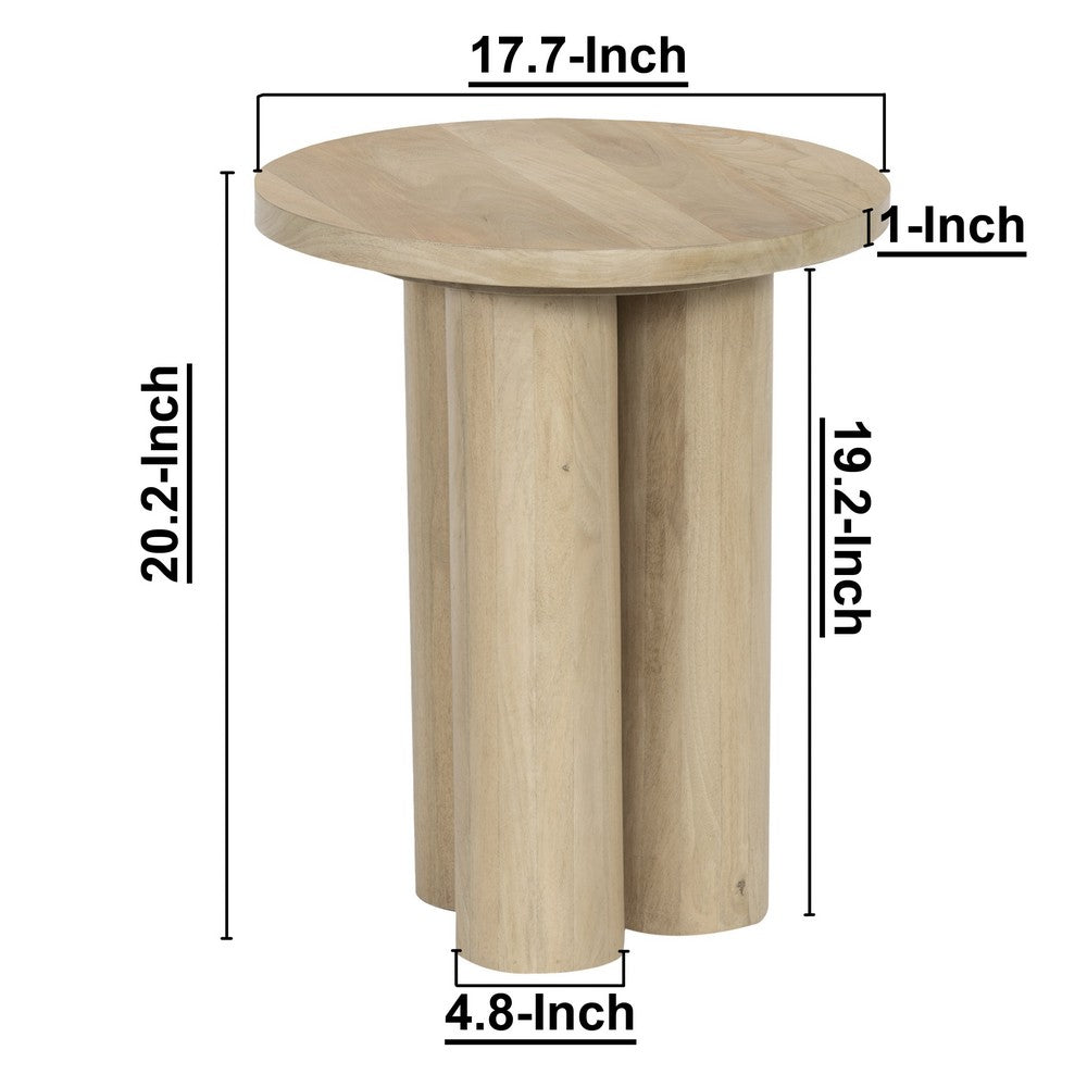 Hazel 18 Inch Round Side Table with 3 Pillar Legs | Handcrafted Mango Wood | Organic Natural Brown