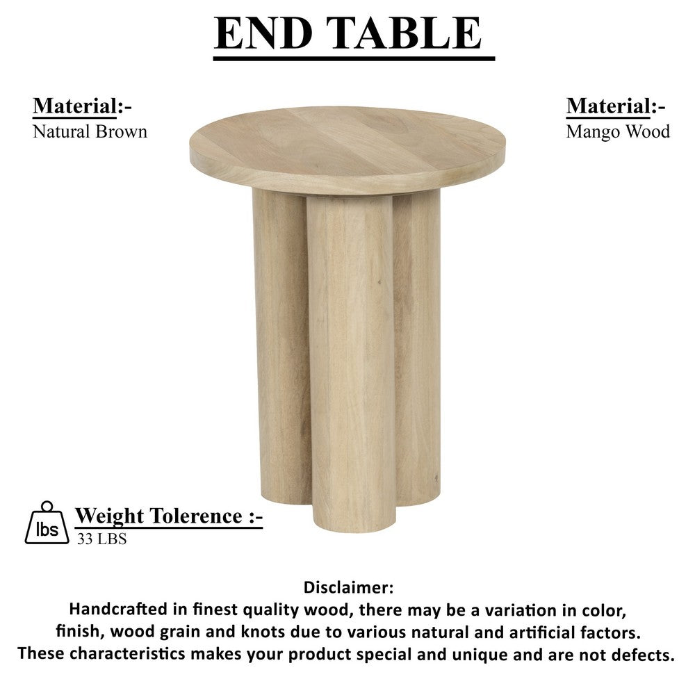 Hazel 18 Inch Round Side Table with 3 Pillar Legs | Handcrafted Mango Wood | Organic Natural Brown