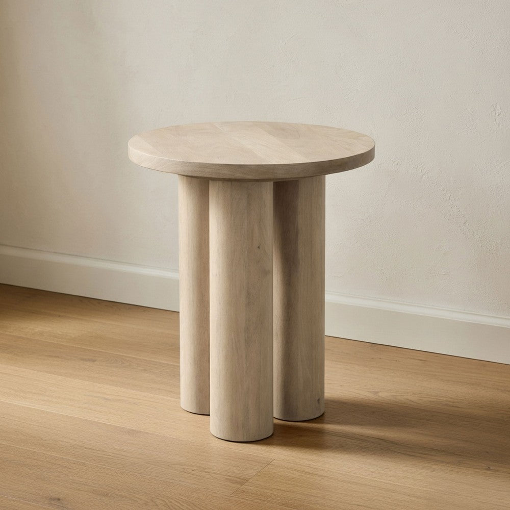 Hazel 18 Inch Round Side Table with 3 Pillar Legs | Handcrafted Mango Wood | Organic Natural Brown