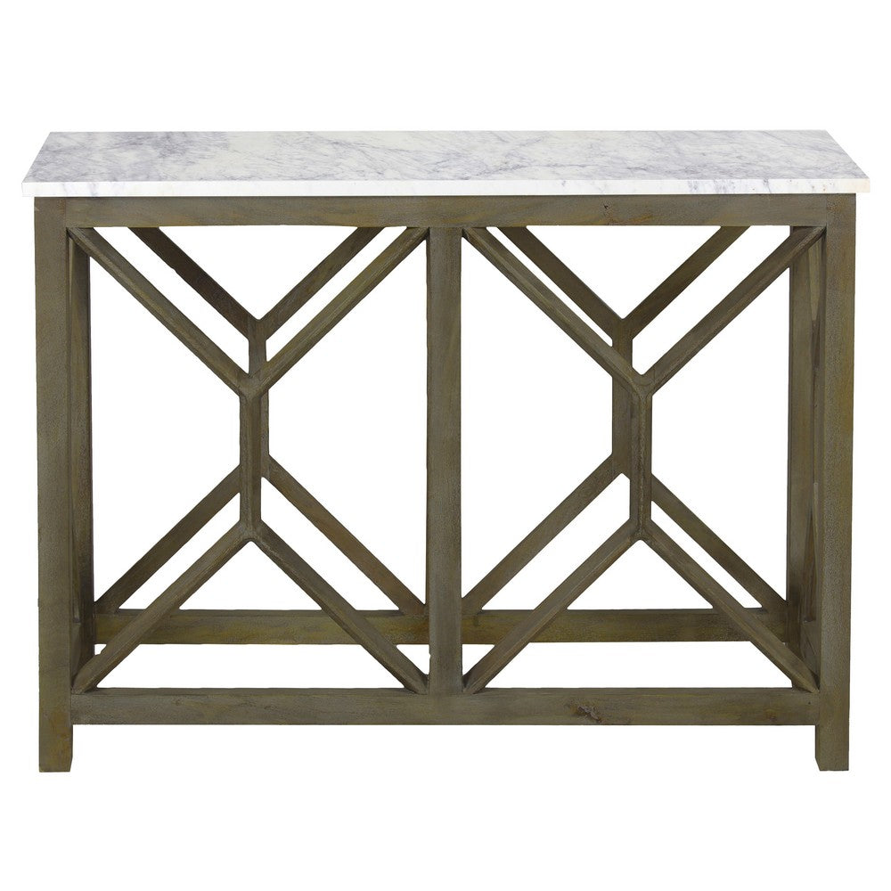 Agas 41 Inch Sofa Console Table, White Genuine Marble Top, Sandblasted Washed Ash Gray Mango Wood Geometric Frame