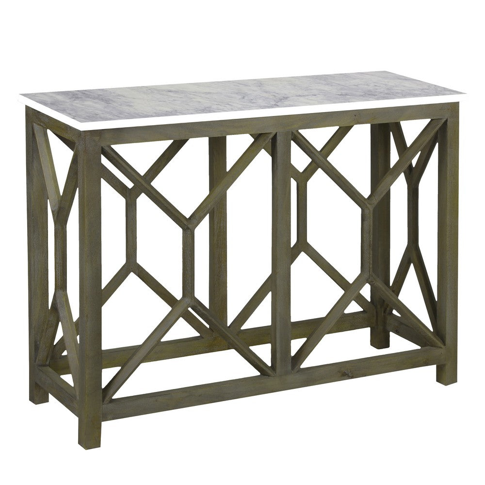 Agas 41 Inch Sofa Console Table, White Genuine Marble Top, Sandblasted Washed Ash Gray Mango Wood Geometric Frame