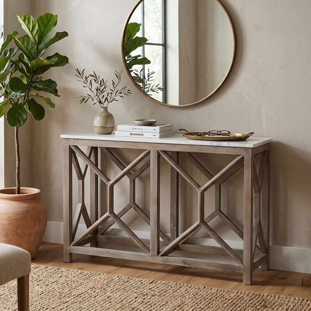 Agas 41 Inch Sofa Console Table, White Genuine Marble Top, Sandblasted Washed Ash Gray Mango Wood Geometric Frame