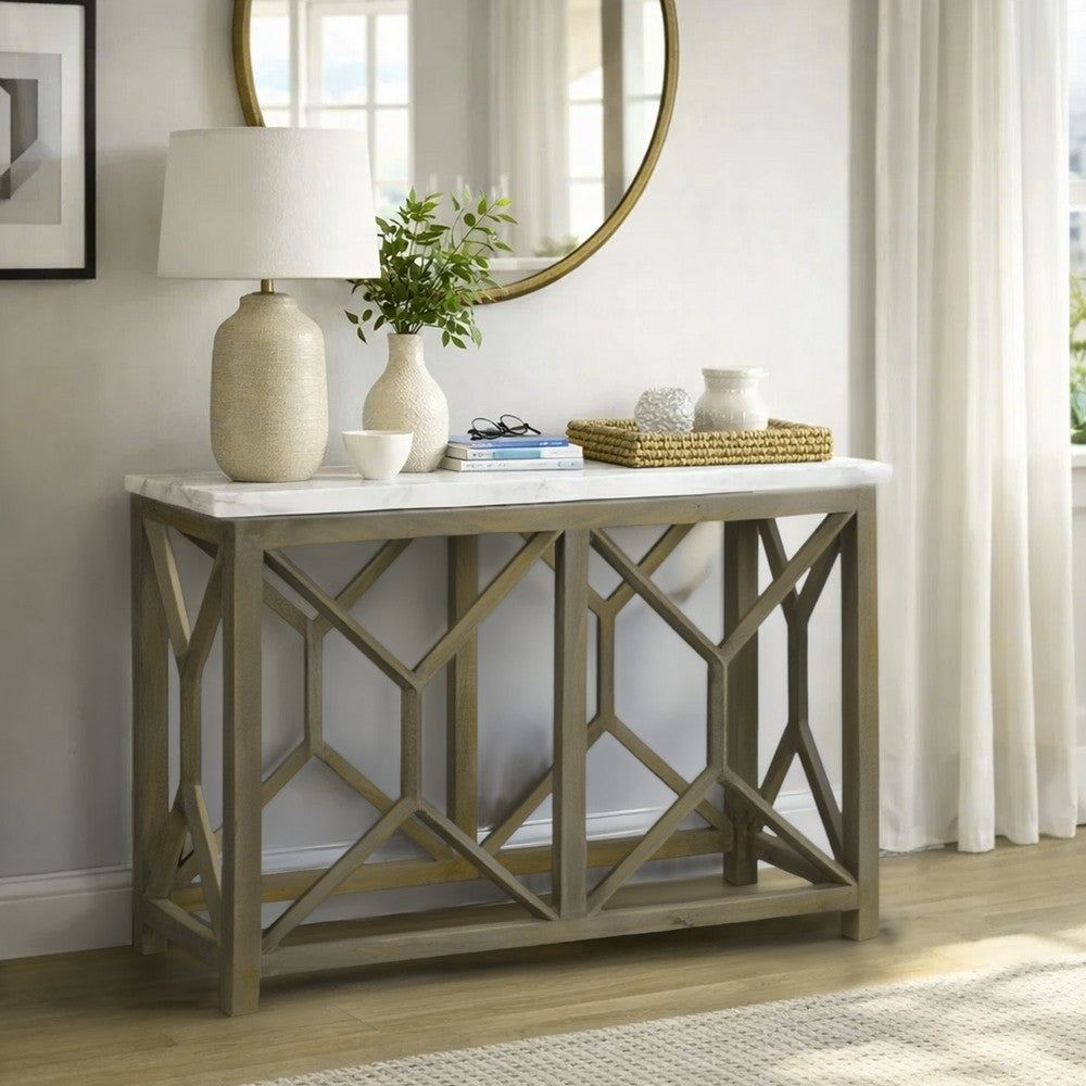Agas 41 Inch Sofa Console Table, White Genuine Marble Top, Sandblasted Washed Ash Gray Mango Wood Geometric Frame