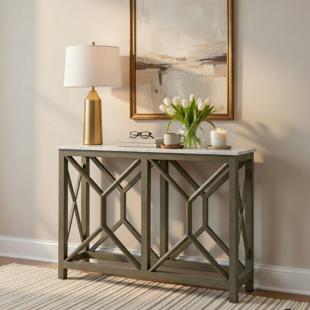 Agas 41 Inch Sofa Console Table, White Genuine Marble Top, Sandblasted Washed Ash Gray Mango Wood Geometric Frame