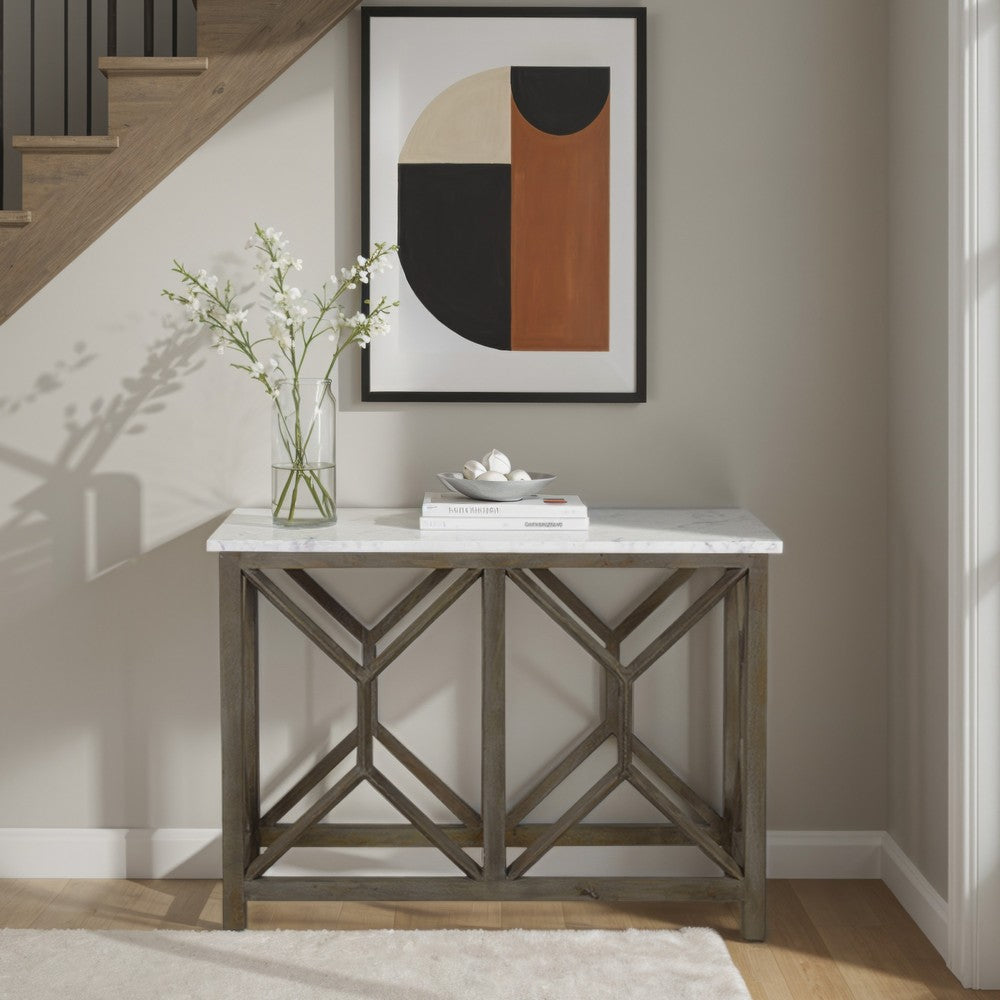 Agas 41 Inch Sofa Console Table, White Genuine Marble Top, Sandblasted Washed Ash Gray Mango Wood Geometric Frame