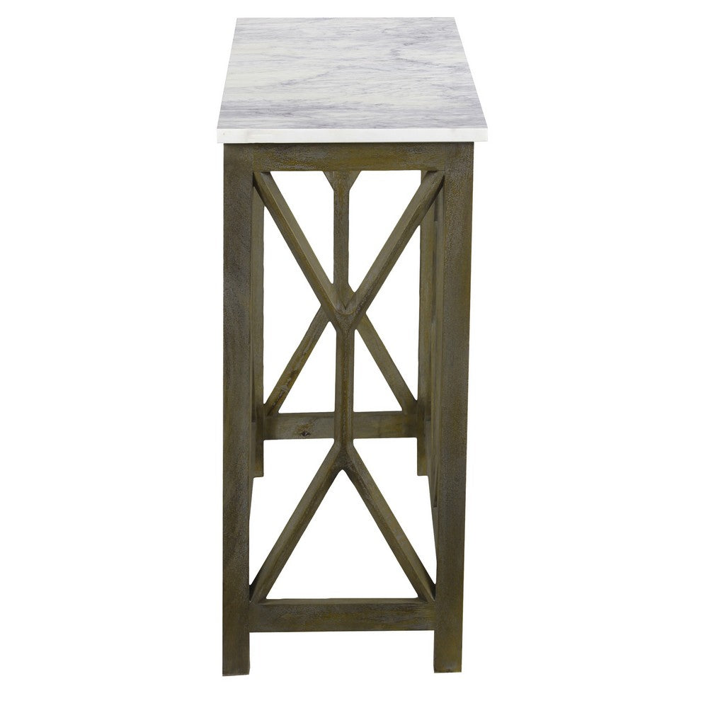 Agas 41 Inch Sofa Console Table, White Genuine Marble Top, Sandblasted Washed Ash Gray Mango Wood Geometric Frame