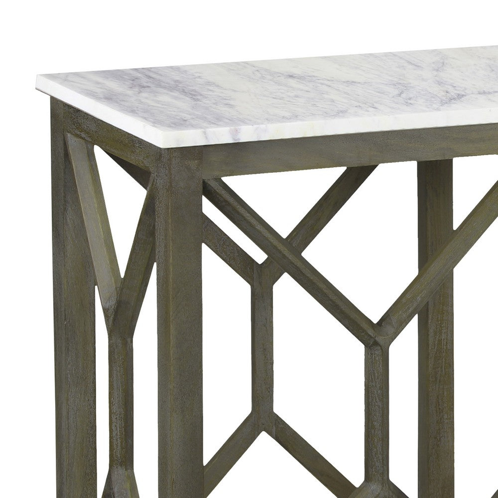 Agas 41 Inch Sofa Console Table, White Genuine Marble Top, Sandblasted Washed Ash Gray Mango Wood Geometric Frame