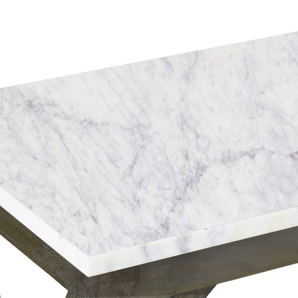 Agas 41 Inch Sofa Console Table, White Genuine Marble Top, Sandblasted Washed Ash Gray Mango Wood Geometric Frame