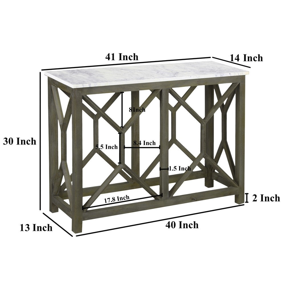 Agas 41 Inch Sofa Console Table, White Genuine Marble Top, Sandblasted Washed Ash Gray Mango Wood Geometric Frame
