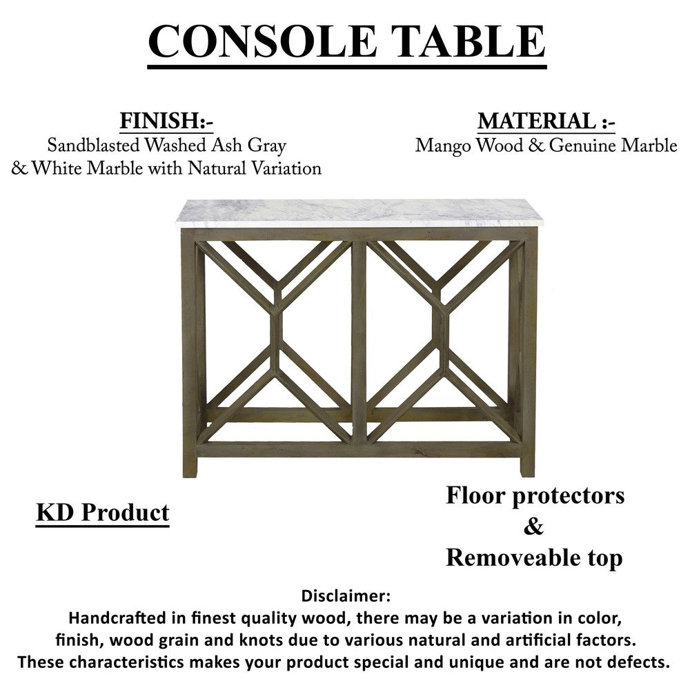 Agas 41 Inch Sofa Console Table, White Genuine Marble Top, Sandblasted Washed Ash Gray Mango Wood Geometric Frame