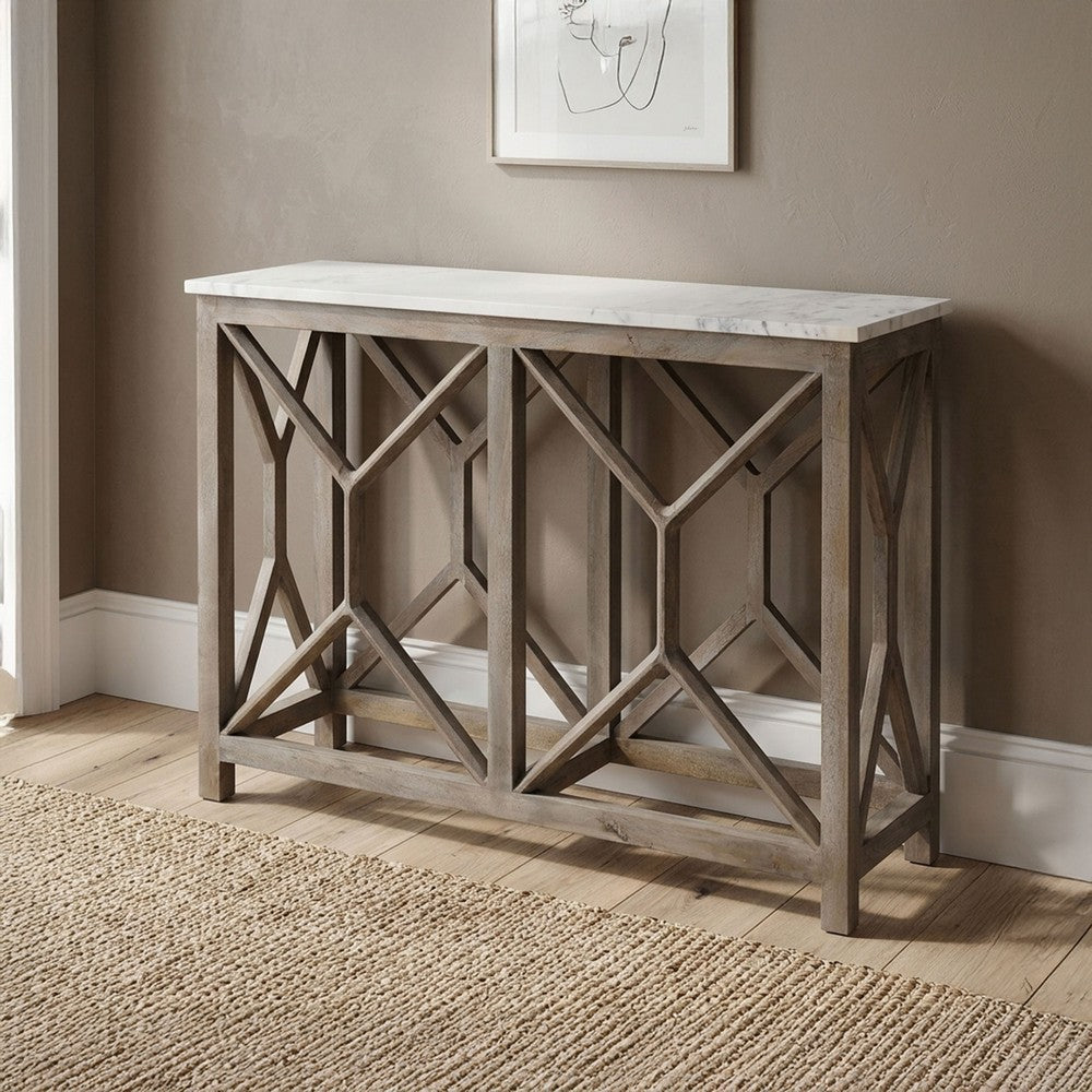 Agas 41 Inch Sofa Console Table, White Genuine Marble Top, Sandblasted Washed Ash Gray Mango Wood Geometric Frame