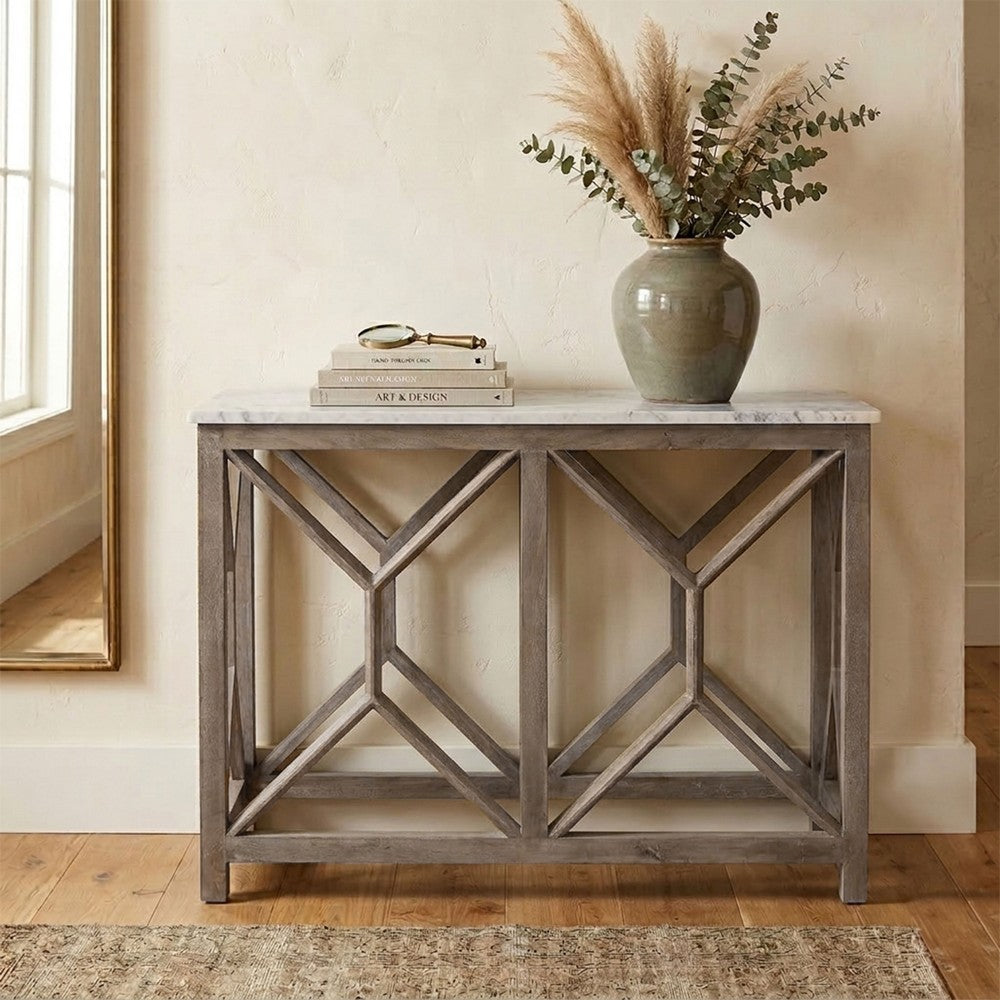 Agas 41 Inch Sofa Console Table, White Genuine Marble Top, Sandblasted Washed Ash Gray Mango Wood Geometric Frame