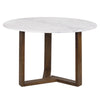 Fina 48 Inch Round Dining Table, White Genuine Marble Top, Natural Brown Mango Wood 3 Leg Sled Base