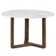 Fina 48 Inch Round Dining Table, White Genuine Marble Top, Natural Brown Mango Wood 3 Leg Sled Base