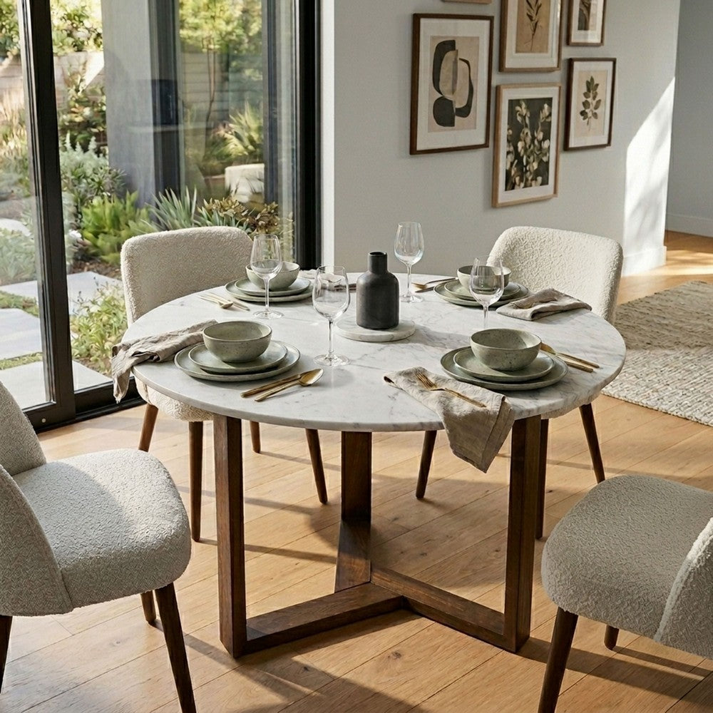 Fina 48 Inch Round Dining Table, White Genuine Marble Top, Natural Brown Mango Wood 3 Leg Sled Base