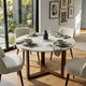 Fina 48 Inch Round Dining Table, White Genuine Marble Top, Natural Brown Mango Wood 3 Leg Sled Base