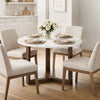 Fina 48 Inch Round Dining Table, White Genuine Marble Top, Natural Brown Mango Wood 3 Leg Sled Base