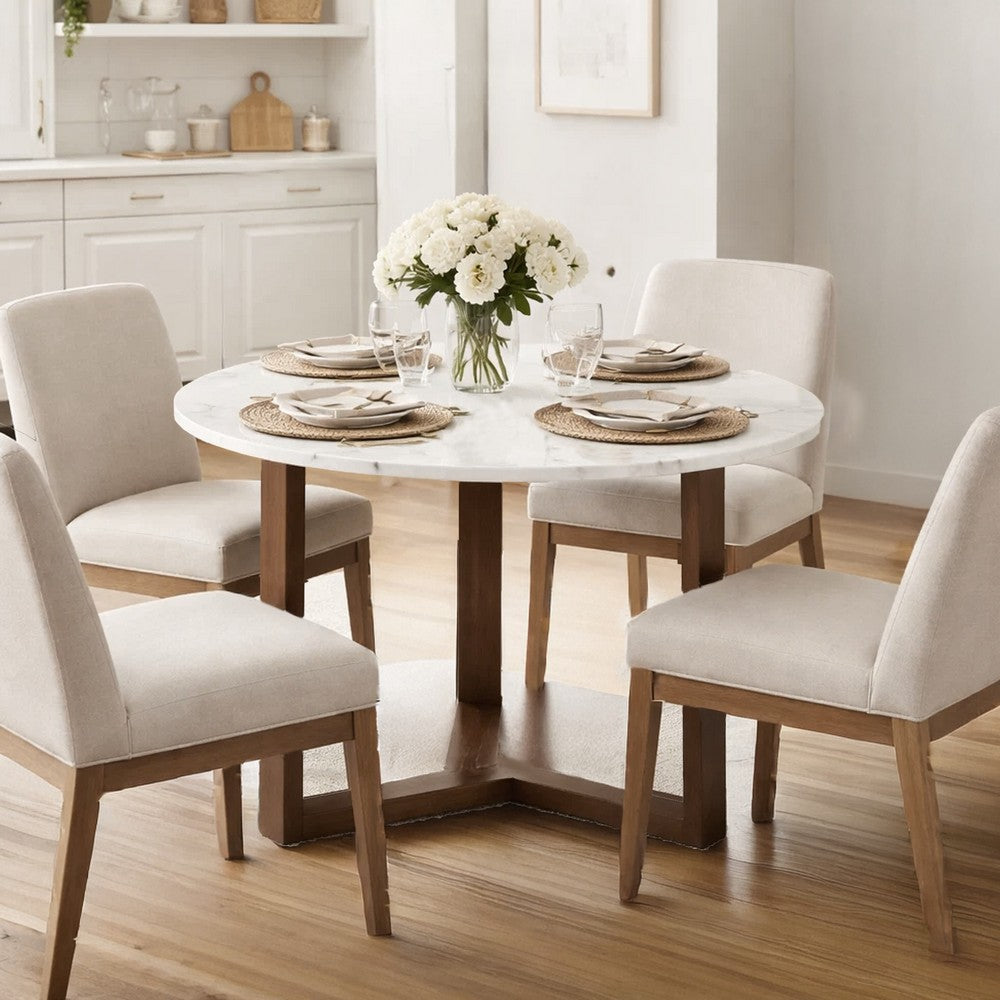 Fina 48 Inch Round Dining Table, White Genuine Marble Top, Natural Brown Mango Wood 3 Leg Sled Base