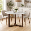 Fina 48 Inch Round Dining Table, White Genuine Marble Top, Natural Brown Mango Wood 3 Leg Sled Base