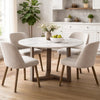 Fina 48 Inch Round Dining Table, White Genuine Marble Top, Natural Brown Mango Wood 3 Leg Sled Base