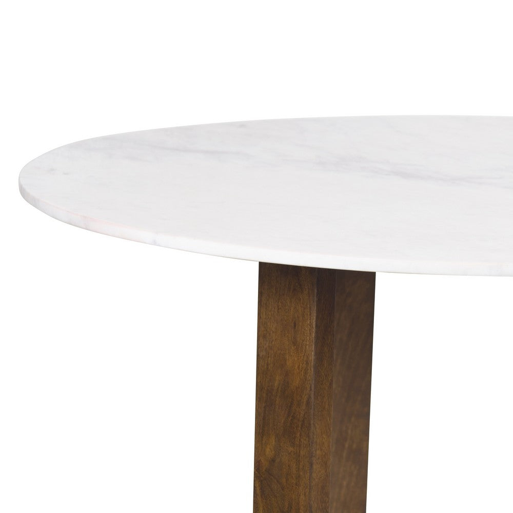 Fina 48 Inch Round Dining Table, White Genuine Marble Top, Natural Brown Mango Wood 3 Leg Sled Base