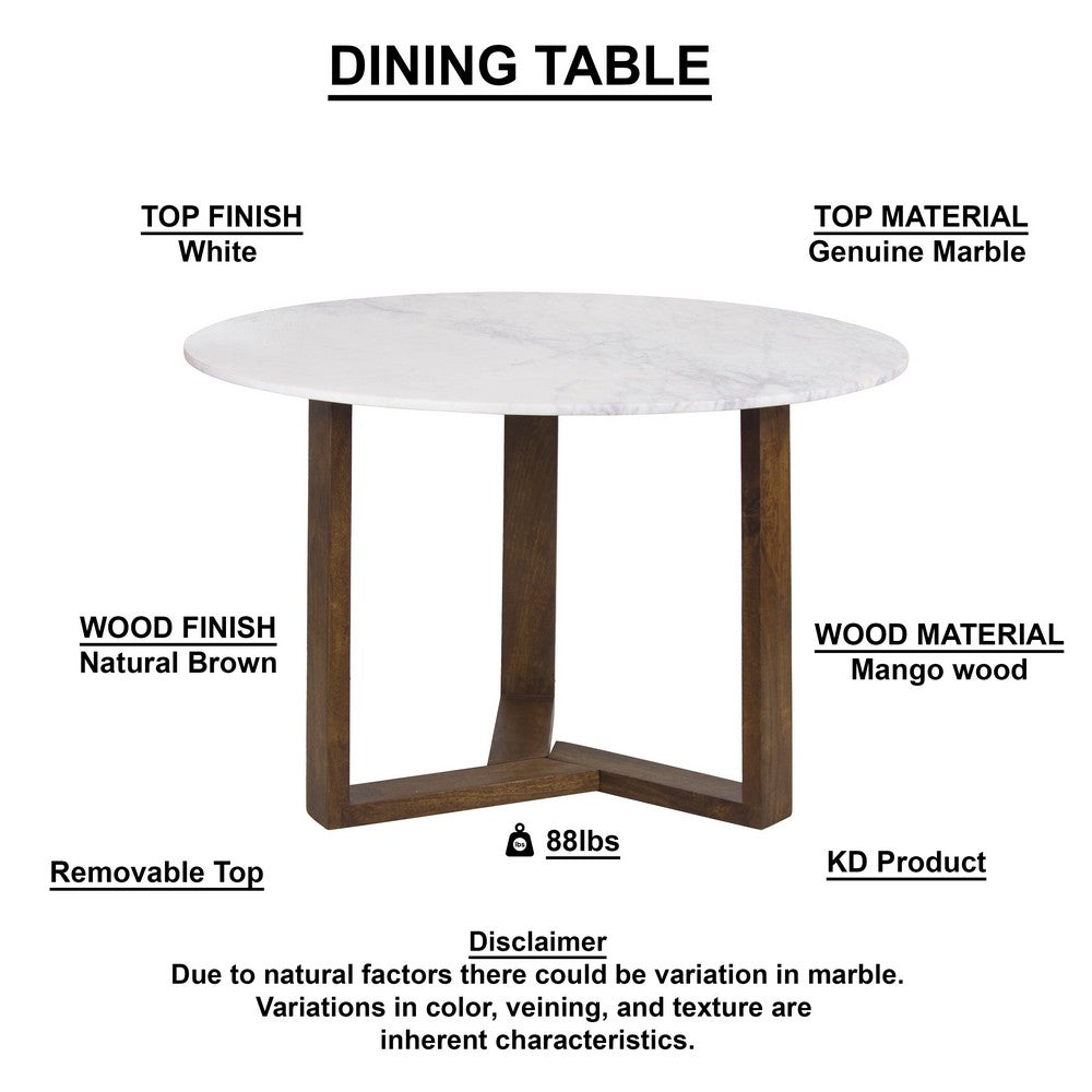 Fina 48 Inch Round Dining Table, White Genuine Marble Top, Natural Brown Mango Wood 3 Leg Sled Base