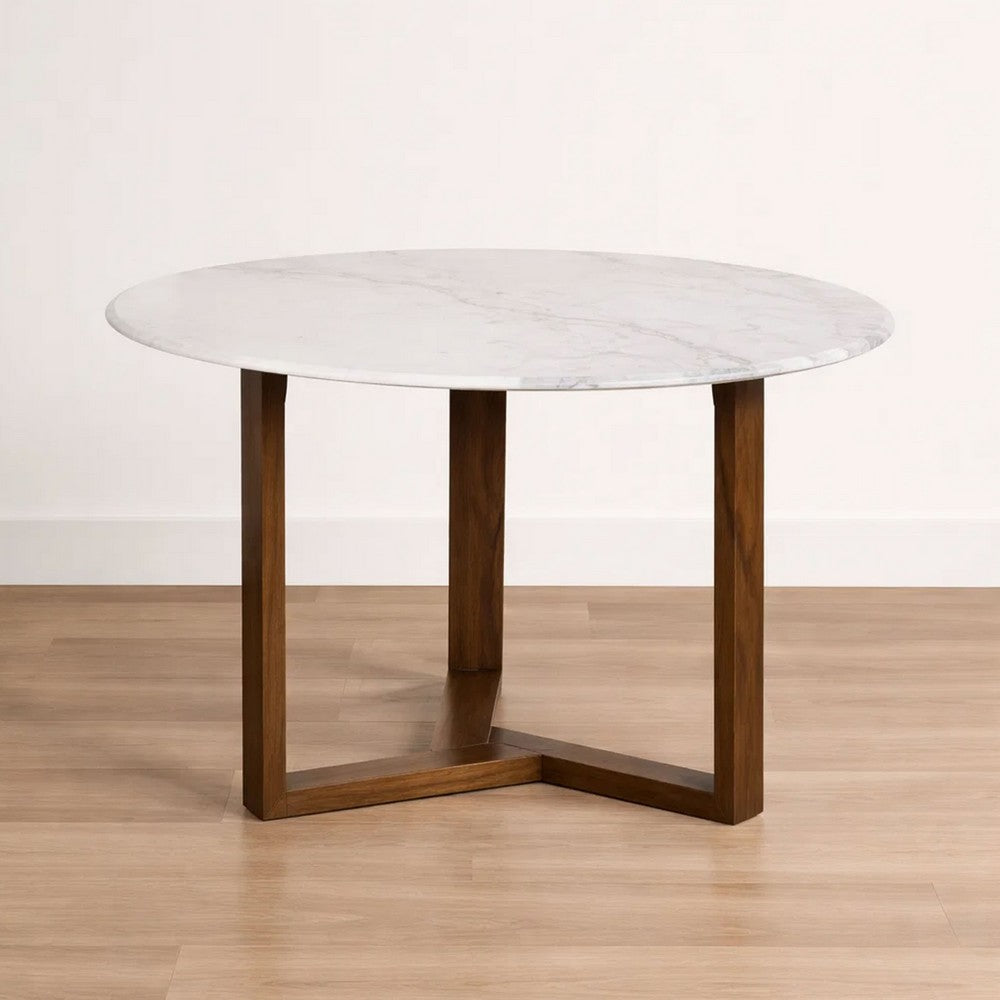 Fina 48 Inch Round Dining Table, White Genuine Marble Top, Natural Brown Mango Wood 3 Leg Sled Base