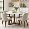 Fina 48 Inch Round Dining Table, White Genuine Marble Top, Natural Brown Mango Wood 3 Leg Sled Base
