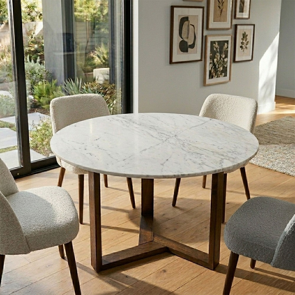 Fina 48 Inch Round Dining Table, White Genuine Marble Top, Natural Brown Mango Wood 3 Leg Sled Base