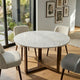 Fina 48 Inch Round Dining Table, White Genuine Marble Top, Natural Brown Mango Wood 3 Leg Sled Base