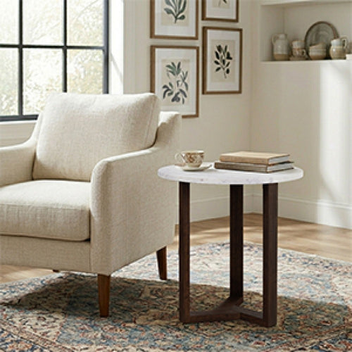Fina 20 Inch Round Side End Table, White Genuine Marble Top, Natural Brown Mango Wood 3 Leg Sled Base