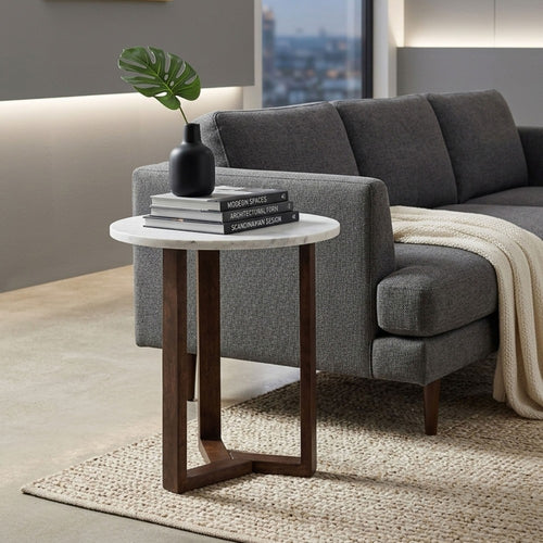 Fina 20 Inch Round Side End Table, White Genuine Marble Top, Natural Brown Mango Wood 3 Leg Sled Base